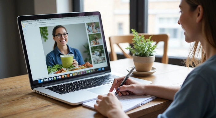 Laptop zeigt einen Online-Kurs über Ernährung mit einer lächelnden Frau, die Notizen macht.
