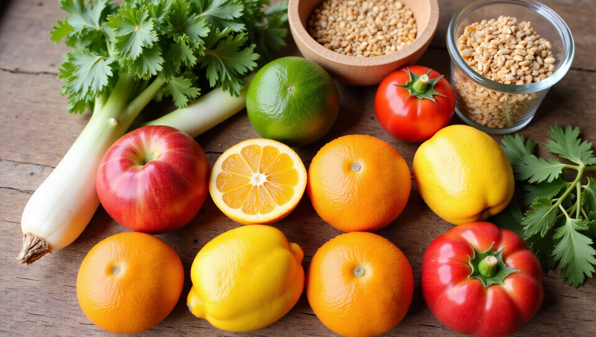 Vibrant and fresh healthy food arrangement on a wooden table, bright natural light, depicting a healthy lifestyle.