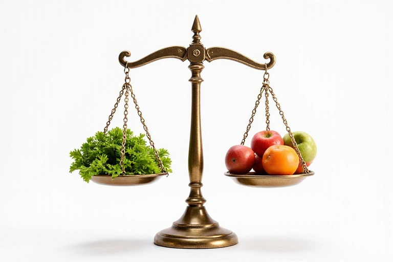 Eine Waage, die Ernährung und Gesundheit symbolisiert, mit einem ausgewogenen Lebensstil im Fokus.